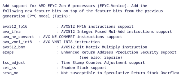 Le message de commit du correctif QEMU de Ben Cheatham, répertoriant les nouvelles fonctionnalités ajoutées pour Epyc-Venice.