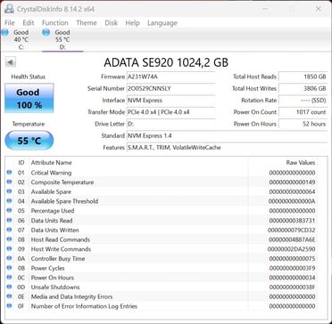 ADATA SE920 fonctionne avec PCIe 4.0 x4