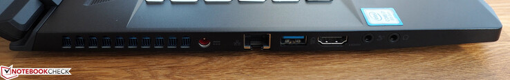 Côté gauche : entrée secteur, RJ45-LAN, USB A 3.0, HDMI, micro, écouteurs.
