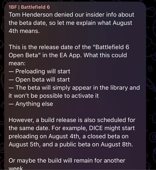réponse de 1BF à Tom Henderson sur l'heure de début de la bêta ouverte de Battlefield 6 (Image source : GamingLeaksandRumours subreddit, 1BF Telegram channel)