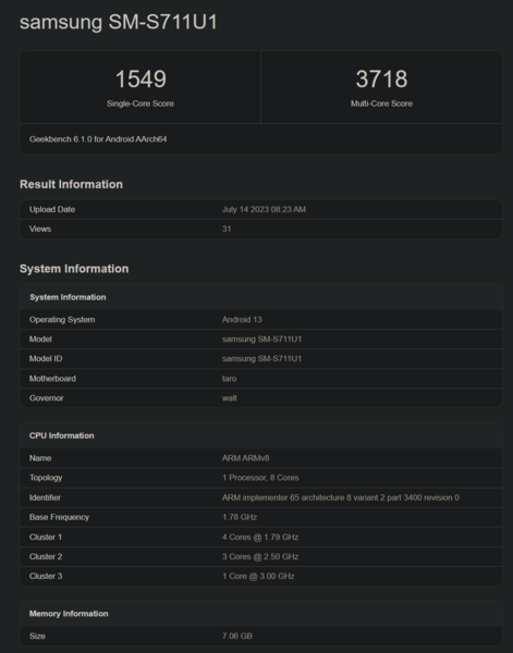 Galaxy S23 FE sur Geekbench avec un Snapdragon 8 Gen 1 (image via Geekbench)