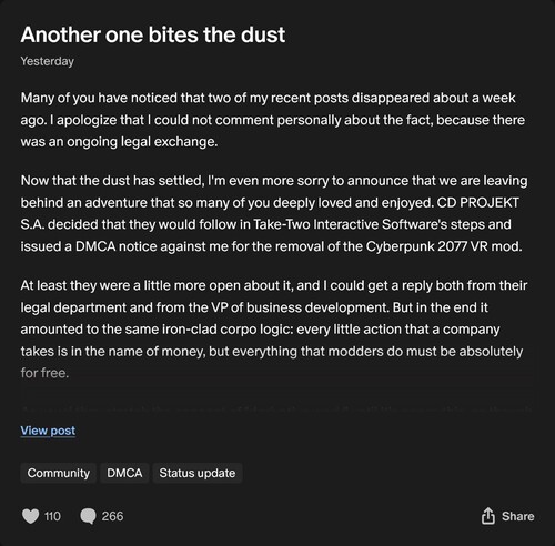 Luke Ross Patreon post on Cyberpunk 2077 VR modedown (Source de l'image : capture d'écran, Luke Ross Patreon)