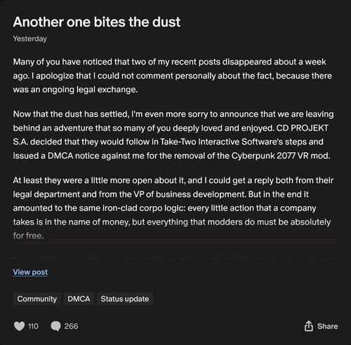 Luke Ross Patreon post on Cyberpunk 2077 VR modedown (Source de l'image : capture d'écran, Luke Ross Patreon)