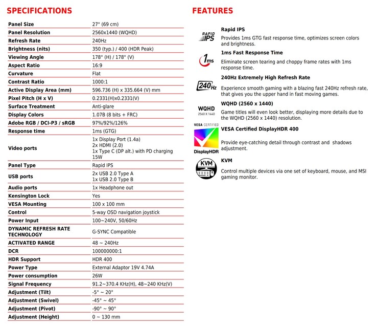 MSI Optix MAG274QRX - Spécifications. (Source : MSI)