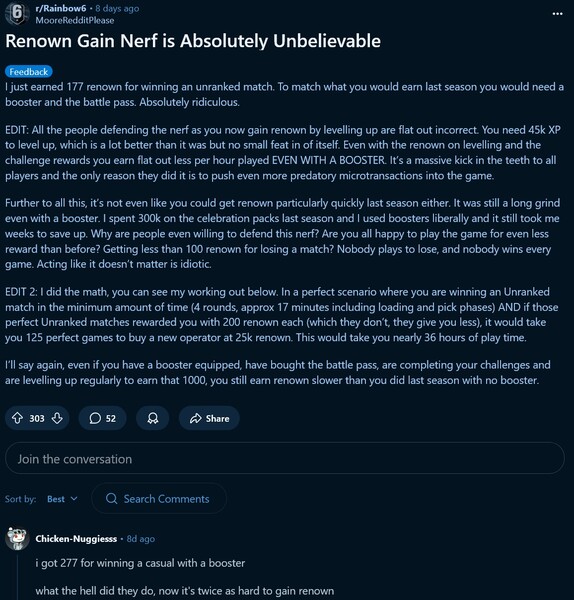 Changements de monnaie dans le jeu Rainbow Six Siege X (Source de l'image : capture d'écran, Rainbow Six subreddit)