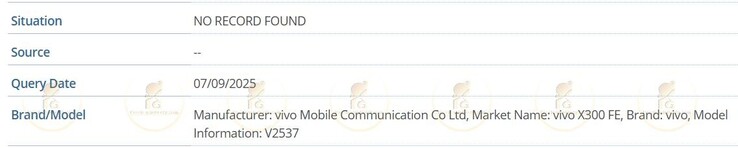 Le Vivo X300 FE a été repéré dans la base de données IMEI, confirmant son numéro de modèle V2537. (Source de l'image : Passionategeekz)