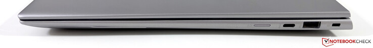 À droite : lecteur microSD, USB-C 3.2 Gen.2 (10 GBit/s, DisplayPort-ALT 1.4), USB-A 3.2 Gen.1 (5 GBit/s), verrou Kensington