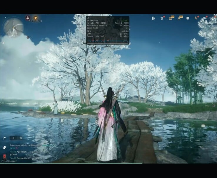 Where Winds Meet Mobile fonctionnant sur l'iPad Pro M5 avec une superposition de performances indiquant la résolution et le taux de rafraîchissement (Source de l'image : Dame Tech via YouTube)