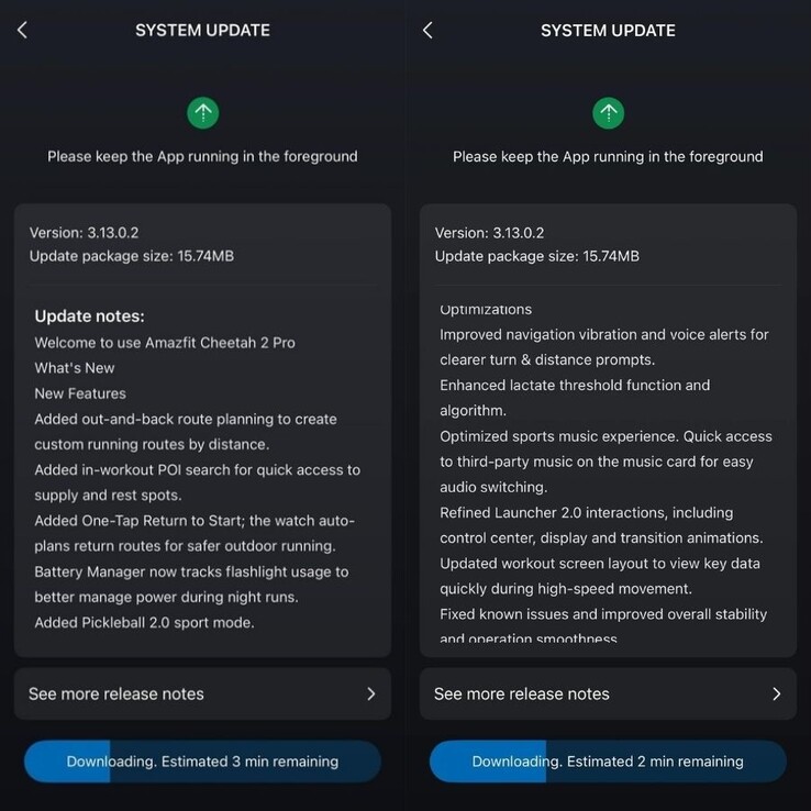 Les notes de version pour Amazfit Cheetah 2 Pro fw 3.13.0.2