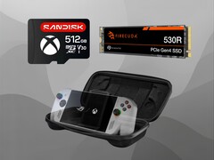 Les accessoires de l'Asus ROG Ally sont présentés (Source de l'image : Sandisk, Seagate, Asus avec modifications)