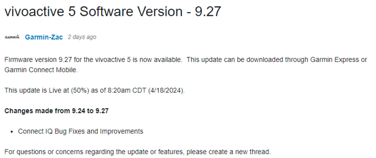 Le journal des modifications de la version 9.27 du logiciel Garmin. (Source de l'image : Garmin)