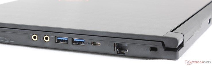 Côté droit : prise écouteurs 3,5 mm, micro 3,5 mm, 2 USB A 3.1, USB C 3.1, Gigabit RJ-45, verrou de sécurité Kensington.