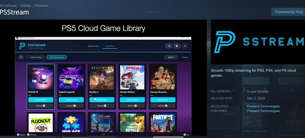 PSStream PS5 Game Library feature shown (Image source : screenshot, Steam, PSStream with edits)