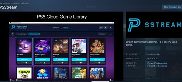 PSStream PS5 Game Library feature shown (Image source : screenshot, Steam, PSStream with edits)