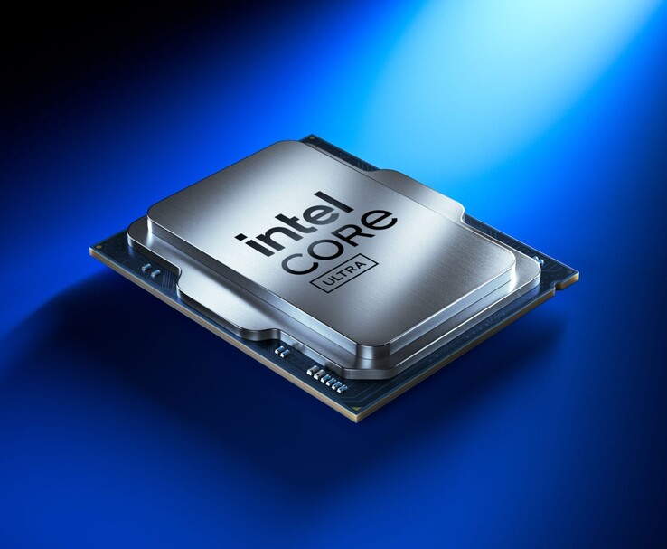 Processeur Intel Core Ultra sur fond bleu dégradé, mettant en valeur son design métallique élégant et ses circuits intégrés. (Source de l'image : Intel)