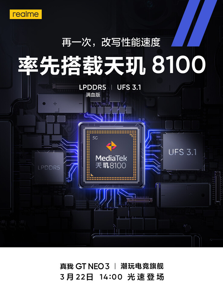 Le GT Neo3 ajoutera également une mémoire vive et un stockage flash haut de gamme à sa liste d'internes hautes performances. (Source : Realme via Weibo)
