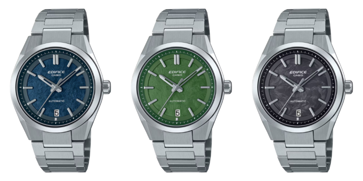 De gauche à droite : les Casio Edifice EFK-100D-2A, EFK-100D-3A et EFK-100CD-1A. (Source de l'image : Casio)
