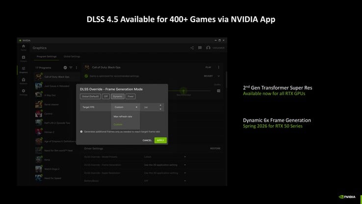 DLSS 4.5 avec le Transformer de 2ème génération peut être activé directement via l'application Nvidia pour tous les GPU RTX. (Source de l'image : Nvidia)