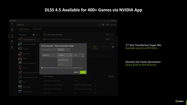 DLSS 4.5 avec le Transformer de 2ème génération peut être activé directement via l'application Nvidia pour tous les GPU RTX. (Source de l'image : Nvidia)