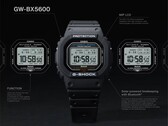 Montre Casio G-Shock GW-BX5600 présentée avec des légendes mettant en avant son écran LCD MIP, ses deux styles de police, son alimentation Tough Solar, sa connectivité Bluetooth et son horloge radiocommandée Multiband 6.