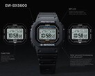 Montre Casio G-Shock GW-BX5600 présentée avec des légendes mettant en avant son écran LCD MIP, ses deux styles de police, son alimentation Tough Solar, sa connectivité Bluetooth et son horloge radiocommandée Multiband 6.