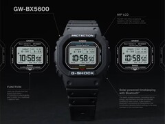 Montre Casio G-Shock GW-BX5600 présentée avec des légendes mettant en avant son écran LCD MIP, ses deux styles de police, son alimentation Tough Solar, sa connectivité Bluetooth et son horloge radiocommandée Multiband 6.