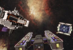 Capture d&#039;écran de Cubic Odyssey avec un croiseur spatial contre un nuage de gaz