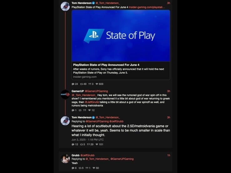 Tom Henderson et Jeff Grubb répondant à un commentaire sur le jeu dérivé de God of War. (Source de l'image : Xcancel)