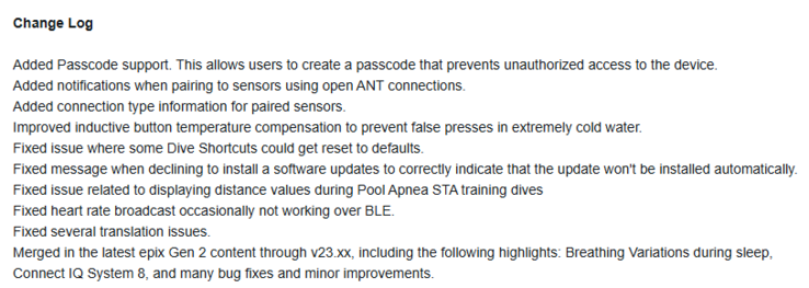 Les notes de mise à jour de la version 23.09 du logiciel de la Garmin Descent G2. (Source de l'image : Garmin)