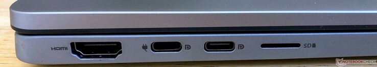 Côté gauche : HDMI 2.0, 2 USB C 3.2 Gen 1 (5 Gbit/s, DisplayPort 1.4, entrée secteur), micro SD.