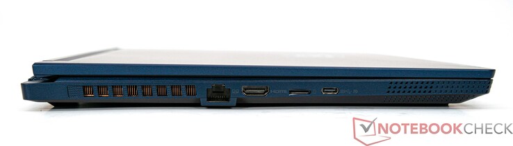 Côté gauche : LAN (RJ45), HDMI 2.1 (4K/120 Hz, 8K/60 Hz), lecteur de carte microSD, USB 3.2 Gen 2 Typ-C