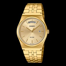 Montre Casio MTP-B146G-3AV dotée d'un boîtier et d'un bracelet en acier inoxydable plaqué or, d'un cadran doré, d'un indicateur du jour à 12 heures et d'un guichet de date à 3 heures.