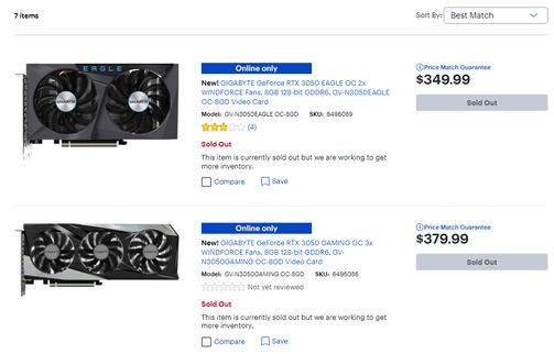 Les deux cartes Gigabyte RTX 3050 sur Best Buy sont déjà épuisées. (Source : Bestbuy)