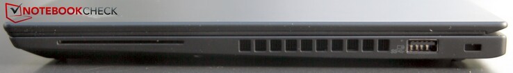 Côté droit : lecteur de carte à puce, grille du ventilateur, USB A 3.1 Gen2 A (Always-on), verrou de sécurité Kensington.