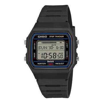 La Casio F-B100W-1A, dotée d’un boîtier noir et d’un bracelet en résine, ainsi que d’un anneau bleu autour du cadran.