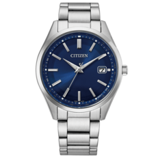 Montre Citizen CB0300-53L Eco-Drive à remontage automatique et à quartz, dotée d’un cadran bleu à effet soleil, d’un bracelet en acier inoxydable, d’index bâtons et d’un guichet de date.