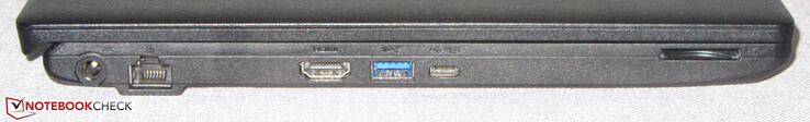 A gauche : port d'alimentation, Gigabit-Ethernet, HDMI, USB 3.2 Gen 1 (Type A), USB 3.2 Gen 2 (Type C ; Power Delivery, DisplayPort), lecteur de carte de stockage (SD)
