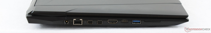 Côté gauche: Prise d'alimentation, Gigabit RJ-45, mDP 1.3, mDP 1.2, HDMI 1.4, USB 3.1 Type-C Gen. 2, USB 3.0, lecteur de carte SD