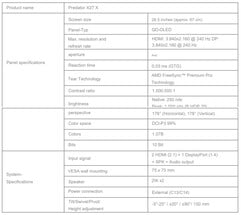 Spécifications du Predator X27 X (Image source : Acer - machine translated)