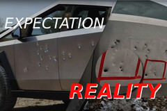 Le Tesla Cybertruck a été mis à l'épreuve contre un certain nombre de balles, et bien qu'il ait commencé fort, les choses ne se sont pas bien terminées pour le VE. (Source de l'image : Tesla / JerryRigEverything - édité)