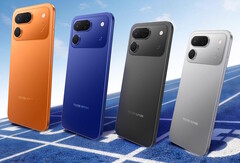 Le Tecno Spark 50 Pro est disponible en Orange dynamique, Bleu nuit, Noir d'encre, Gris titane (de gauche à droite) et Blanc nuage (non illustré).