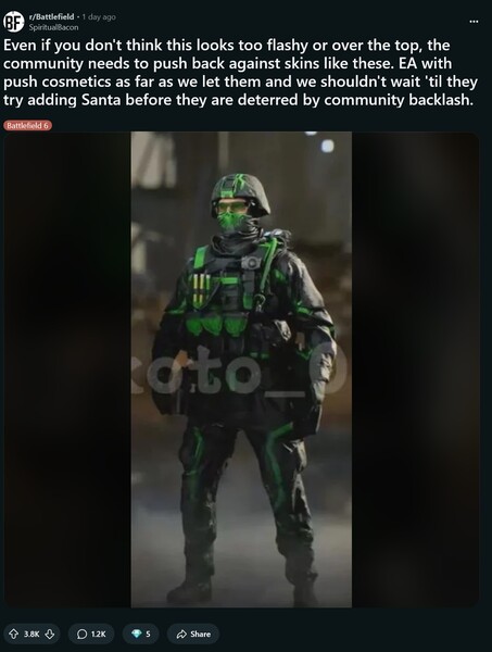 Le skin vert fluo de Battlefield 6 est montré (Image source : SpiritualBacon@Battlefield subreddit)