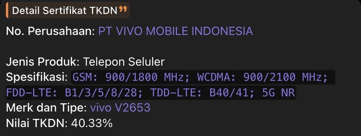 Fiche TKDN du Vivo X500 FE.
