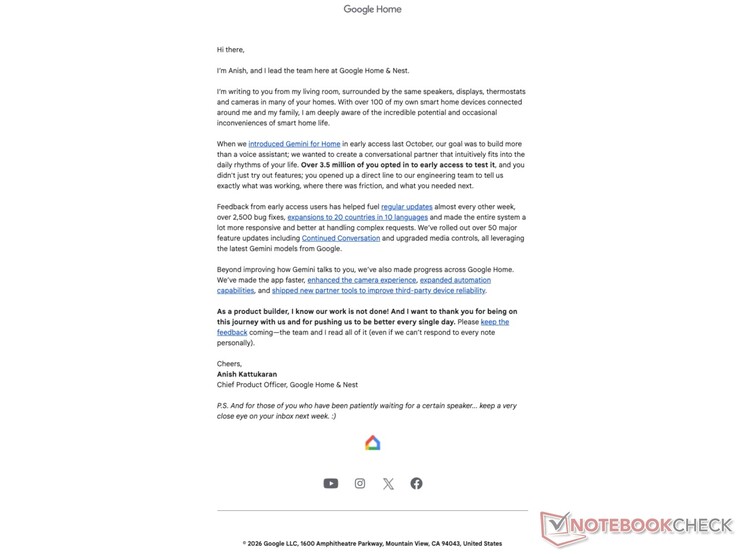 E-mail de Google Home envoyé par le directeur des produits.