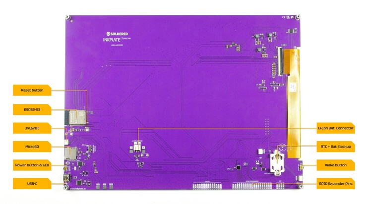 Vue arrière de la carte Inkplate 13SPECTRA montrant l'ESP32-S3 embarquée, les interfaces d'extension et les entrées d'alimentation