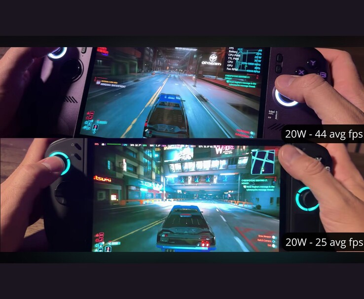 La MSI Claw 8 AI+ et la Lenovo Legion Go 2 exécutent Cyberpunk 2077 à 20 W, affichant respectivement 44 FPS et 25 FPS.
