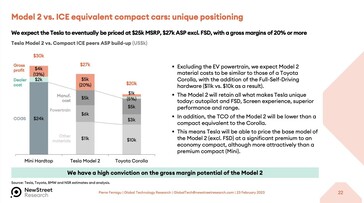 Ventilation des prix et des coûts attendus de la Tesla Model 2 (image : New Street Research)