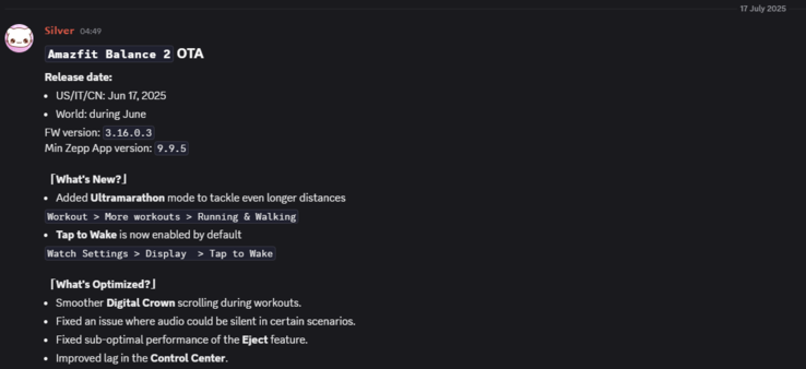 Les notes de mise à jour de la version 3.16.0.3 de l'Amazfit Balance 2. (Source de l'image : Amazfit via Weibo)