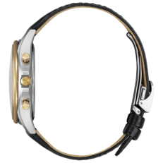 Vue de profil de la Citizen Exceed Mid-Autumn Moon BY1025-17E mettant en valeur la couronne et les poussoirs, ainsi que le bracelet en cuir de crocodile.