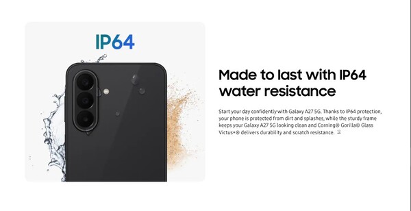 L'indice de protection IP de l'Galaxy A27 5G a été revu à la baisse et passe désormais à IP64.